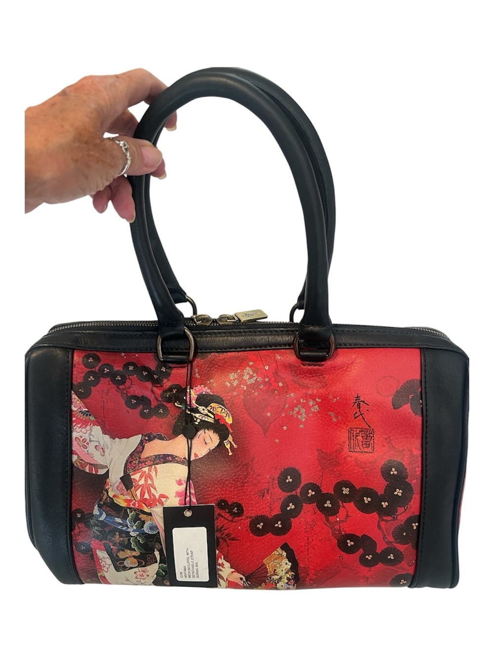 NWT Icon Los Angeles Hand Painted Red and Black Geisha Leather Satchel
